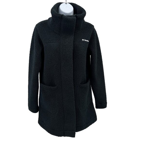Columbia Panorama Long Sherpa Fleece Jacket SZ XS Black High Collar Front Pocket - Picture 1 of 12